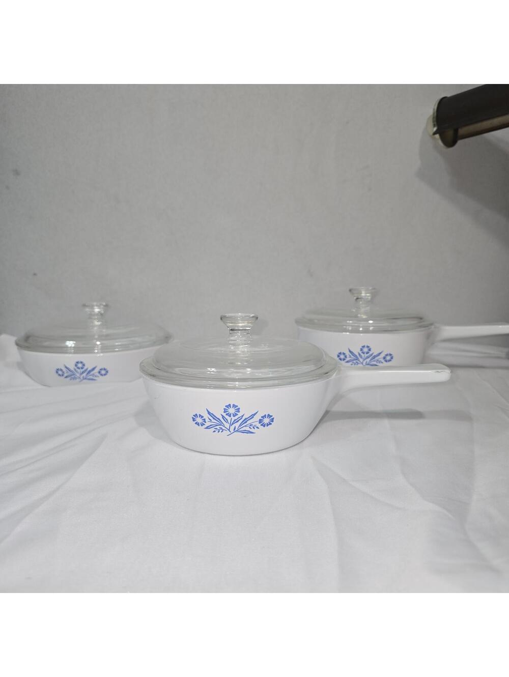 Vintage CorningWare Blue Cornflower 3-Piece Saucepan Set with Glass Lids
